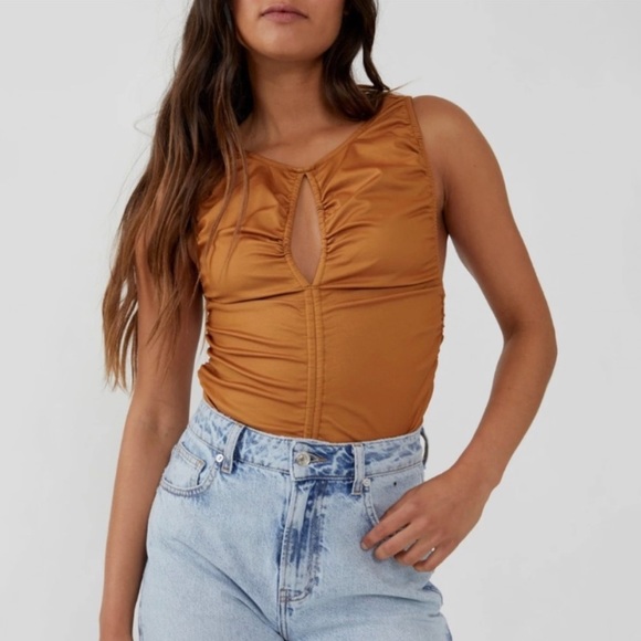 NWT Free People Ride Along Faux Leather Ruched Tank Top in Cowgirl Tan - Picture 3 of 11